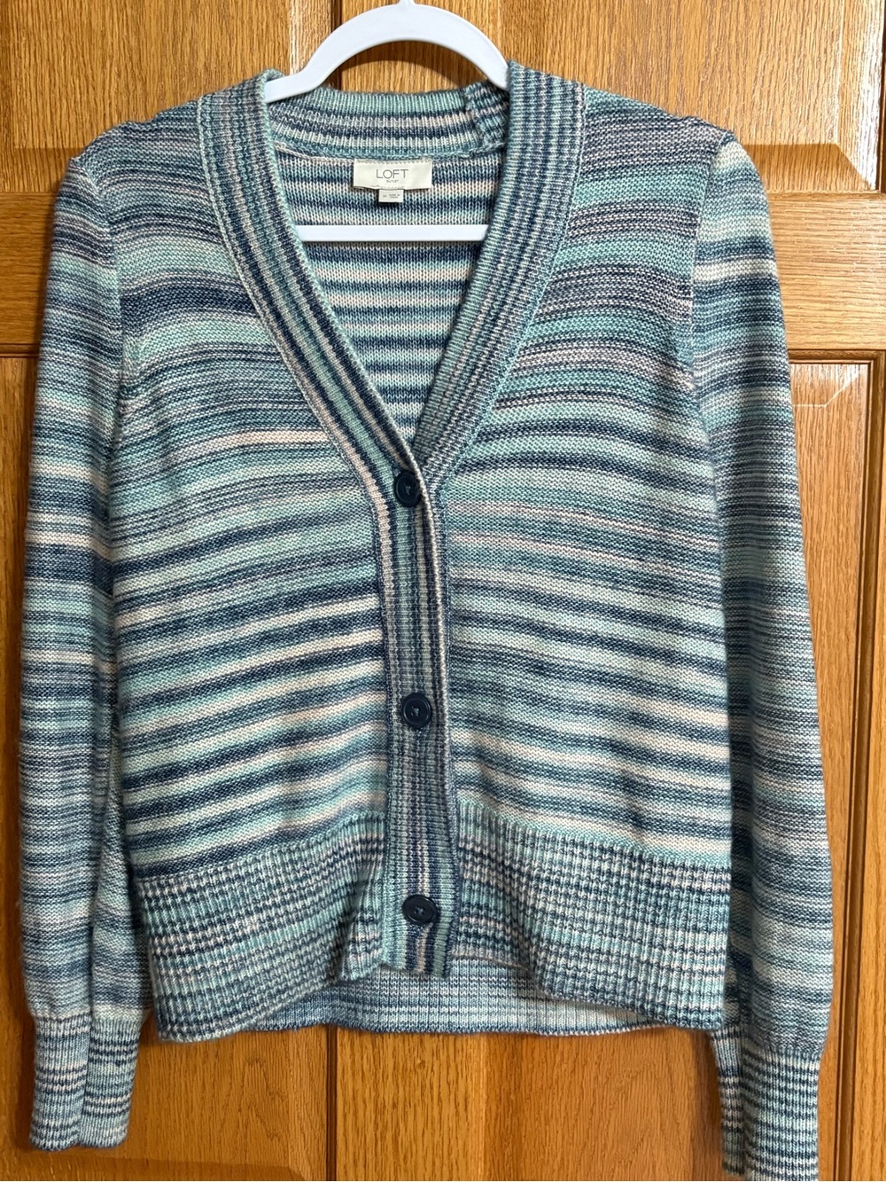 LOFT Striped V-Neck Cardigan in Teal, Navy, and Light Aqua